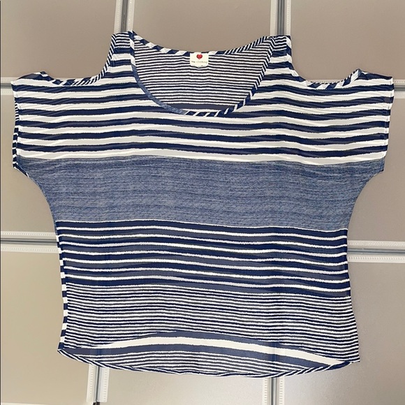 Sheer Blue and White Striped Cold Shoulder Top - Picture 2 of 7